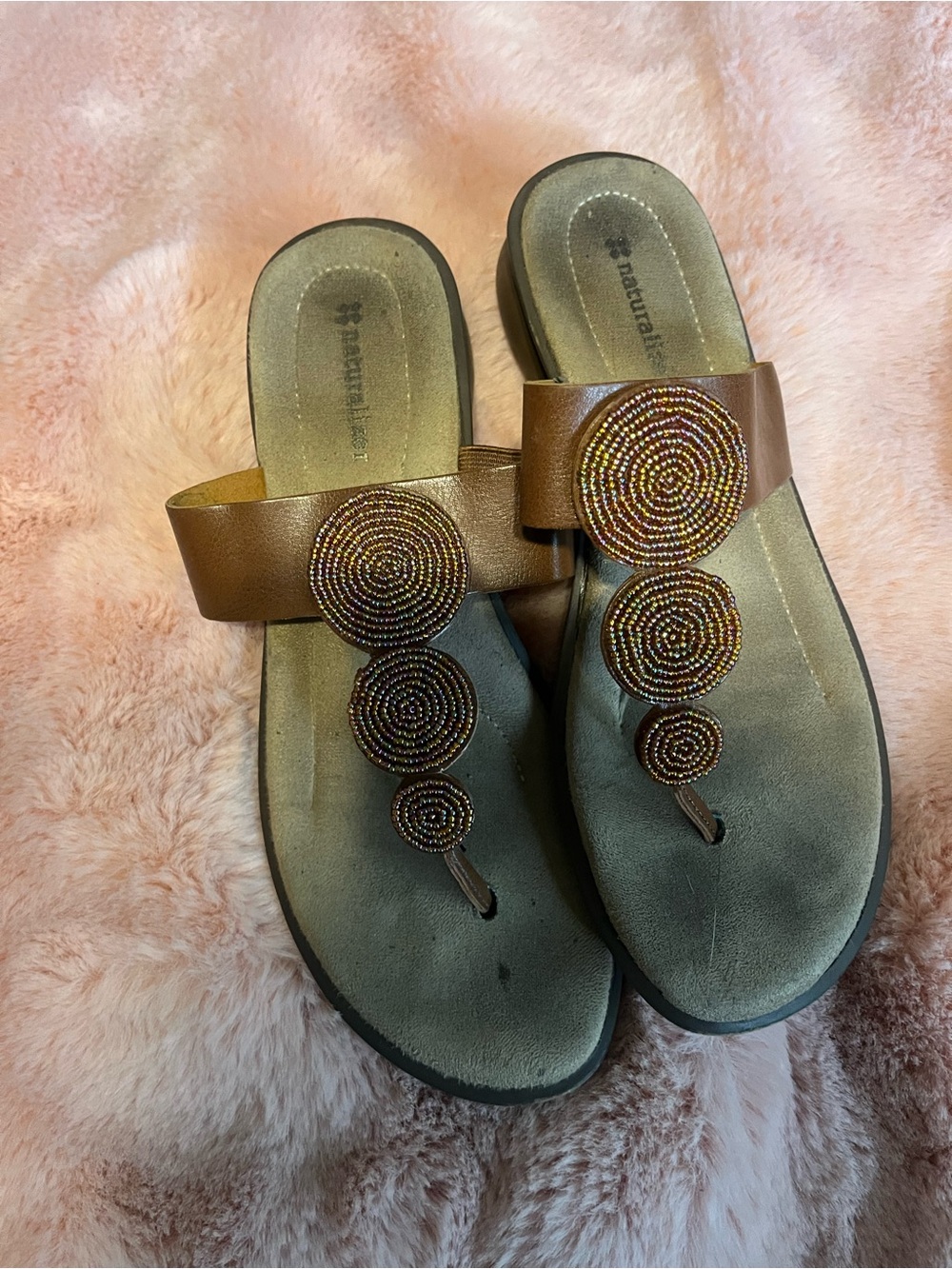 Naturalizer Brown Boho Beaded T-Strap Slide Sandals - Brown